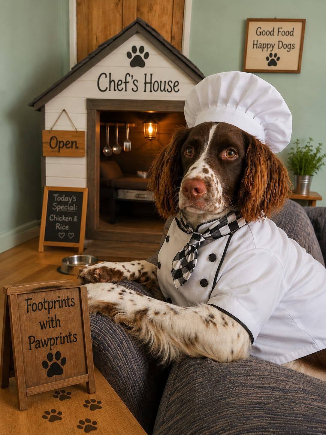Spaniel in a chef's hat at the Chef's House